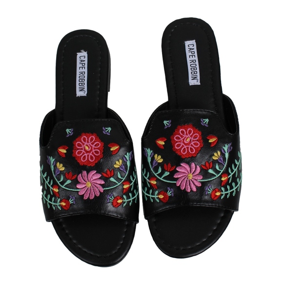 Shoes - Black Flower Embroidered Open Toe Slip On Sandal